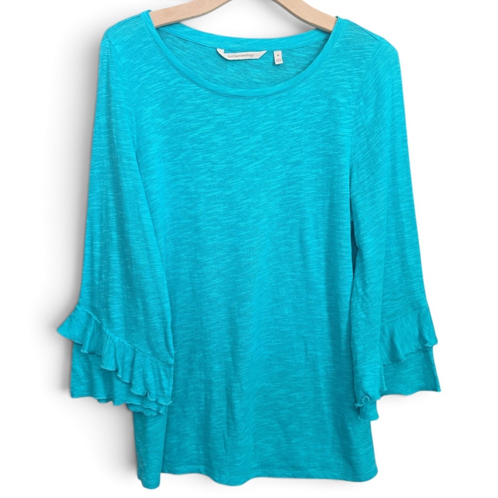 Soft Surroundings Top Medium Turquoise Teal Slub Knit Tiered Ruffle Bell Sleeve